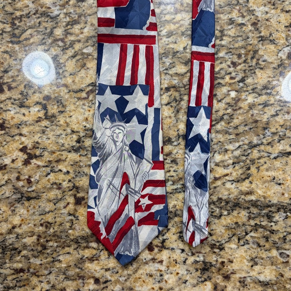 Vintage Guess Georges Marciano Silk Tie American Flag Statue of Liberty USA Made